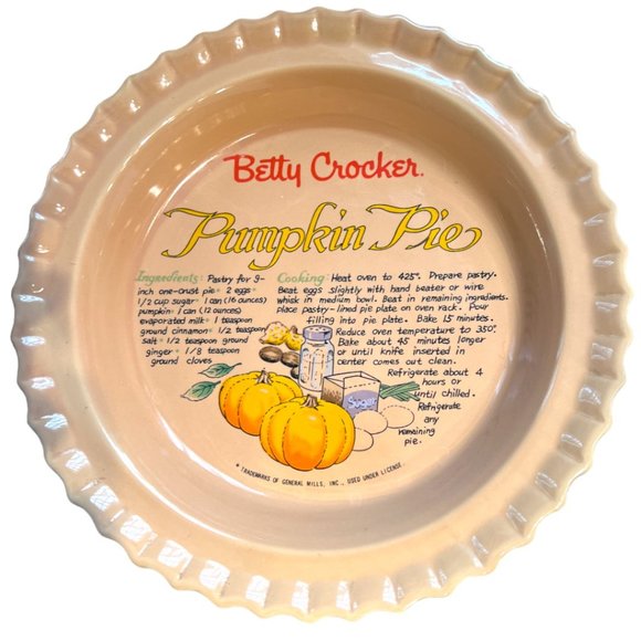 RARE: Vtg BETTY CROCKER Peach-Colored Pumpkin PIE PLATE Dish Recipe Taiwan 11" - Picture 3 of 15